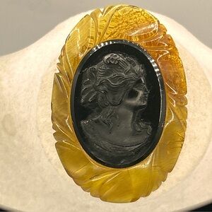 Vintage Black Cameo Bakelite Framed Mourning Brooch